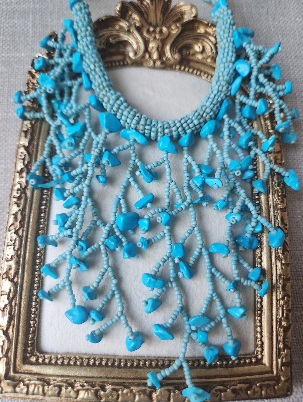 Artisan Turquoise Blue Beaded Fringe Necklace Boho Tribal  Handcrafted
